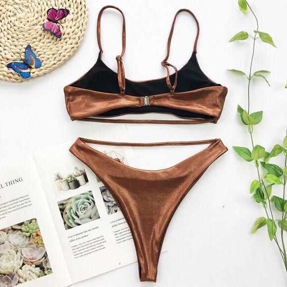 Metallic Ribbed Cut Out Bandage Brazilian Bikini - Picture 6 of 6